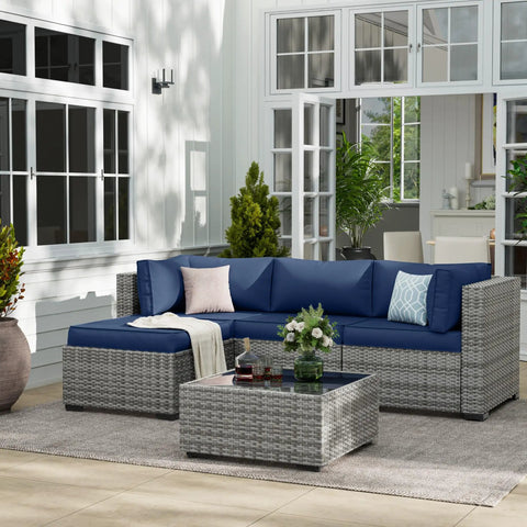 Outdoor Cushions Set for Patio Furniture With Five Pillows Weatherproof Navy Replacement Cushions 4 Inch Deep Seats for 4 Seat Sectional Sofa Couch All Weather Comfort