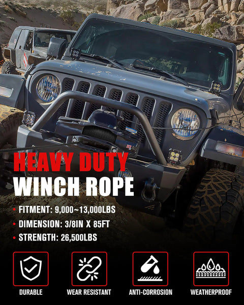 Off-road SUV with Synthetic Winch Rope For Off Road Vehicles 3/8 Inch 85 Ft 26500 Lbs Tensile Strength UHMWPE Cable