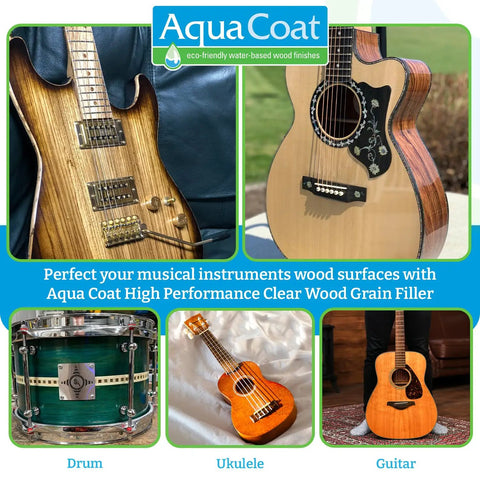 Top Shelf Water Based Clear Wood Grain Filler Gel for smooth finish on musical instruments like guitars and ukuleles.