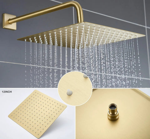 Brushed Gold Shower Fixtures Set With 12 Inch Square Rain Shower Head showing water flow details and fittings.