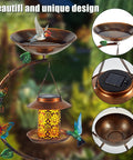 All In One Metal Bird Bath With Flower Planter Pedestal And Solar Bird Feeder For Outdoor Gardens Sturdy Rust Proof Stand Garden Yard Decor With Butterfly Accent Eco Friendly Weatherproof Bird Bath featuring birds and solar light.