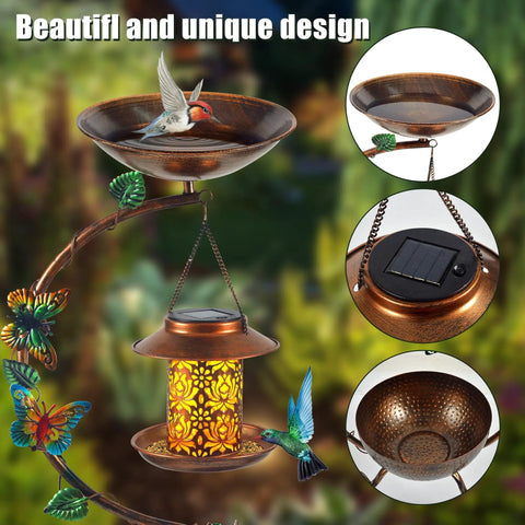 All In One Metal Bird Bath With Flower Planter Pedestal And Solar Bird Feeder For Outdoor Gardens Sturdy Rust Proof Stand Garden Yard Decor With Butterfly Accent Eco Friendly Weatherproof Bird Bath featuring birds and solar light.