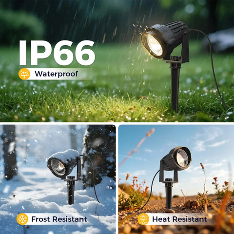 Plug In Outdoor Spotlight Kit 5W Two Pack, 3000K Warm White Landscape Lighting, IP66 Waterproof in wet, snow, and heat conditions.