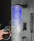 Heavy Duty 22 Inch Rectangular LED Shower System Wall Mounted With Bluetooth Audio and Smooth Thermostatic Valve. Blue LED rainfall.