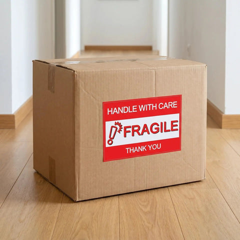 Brown box with "Handle with Care" label, not visible Color Coded Moving Box Labels 160 Pack With Writable Notes Area 6x4 Inches