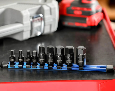 Nine Piece Metric Impact Hex Driver Set With Chrome Moly Steel And Manganese Phosphate Coating on display