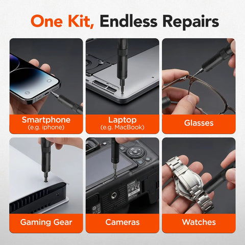 Magnetic Ratchet Screwdriver Set With Flexible Shaft And 42-In-1 Precision Bits, shown repairing devices like smartphone and watches
