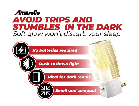 Incandescent Night Light 4 Pack Plug In Dusk To Dawn Night Lights For Hallways Bathrooms And Bedrooms Auto On At Dusk Auto Off At Dawn Soft 4W Glow For Safe Nighttime Visibility In Dark Rooms, showing auto on feature illustration.