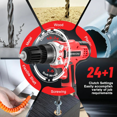 Cordless Drill Set With Battery And Charger, 21V Power Drill, 2-Speed Variable Torque, Three Eighths Inch Keyless Chuck, 30 Nm Torque, includes 24 plus 1 bits, great for home DIY projects.