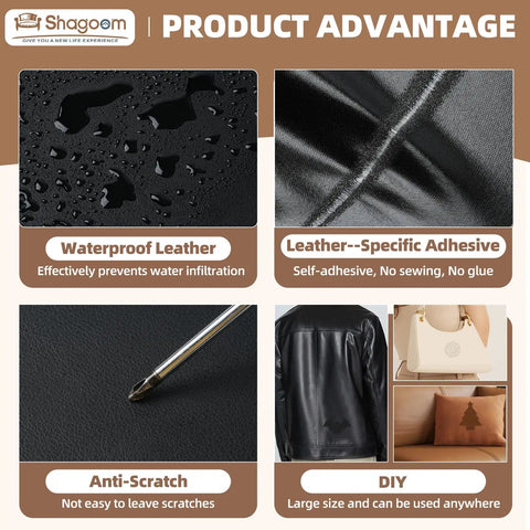 Giant Self Adhesive Leather Repair Patch 17x79 Inch, Waterproof Vinyl Patch For Couches in dark brown showing various uses and features.