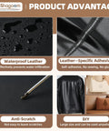 Top Shelf Leather And Vinyl Repair Kit Featuring Large Patches For Couches And Upholstery Sets, demonstrating waterproof and scratch-resistant features.