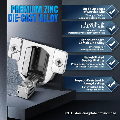 8 Pack Cabinet Hinges Replacement For Compact 31 And 33 Self Closing 110 Degree And 120 Degree Screw On With Wood Screws Included Mounting Plate Not Included Direct Replacement For Older Compact 31 Hinges Requires Re drilling Of Wood Screw Holes. silver zinc die-cast cabinet hinge close-up