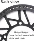 Universal Bike Chainring 130mm BCD back view showing 52T-60T teeth pattern and CNC laser engraved aluminum chain guard for 6-12 speed bikes.