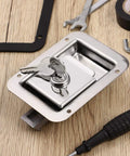 Heavy Duty Stainless Steel Paddle Lock With Key For RV Trailers And Doors Flush Mount Security Latch shown with included keys