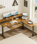 Rustic Brown 59 Inch L Shaped Electric Standing Desk With Drawers, Smooth Height Adjustment To 46 Inches, Quiet Lift System And Programmable Memory Buttons For Home Office Ergonomic Workspace Setup with dual monitors.