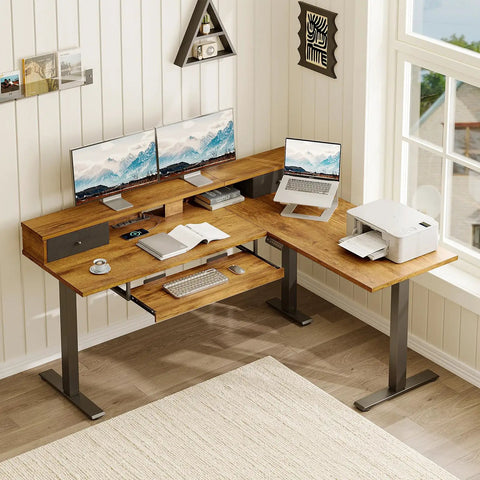 Rustic Brown 59 Inch L Shaped Electric Standing Desk With Drawers, Smooth Height Adjustment To 46 Inches, Quiet Lift System And Programmable Memory Buttons For Home Office Ergonomic Workspace Setup with dual monitors.