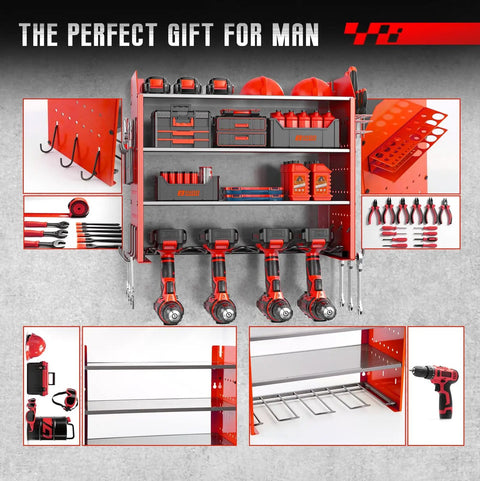 Red Four Drill Holder Power Tool Organizer Wall Mount For Cordless Tools Heavy Duty Garage Tool Rack with drill slots and hooks