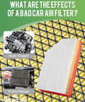 Infographic showing engine air filter effects, clogged engine photo, and used filter image with text on bad filter consequences.