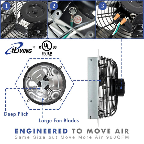 12 Inch Wall Mounted Exhaust Fan With Variable Speed And 960 CFM For Up To 1400 Sq Ft Coverage, Silver fan blades, side view