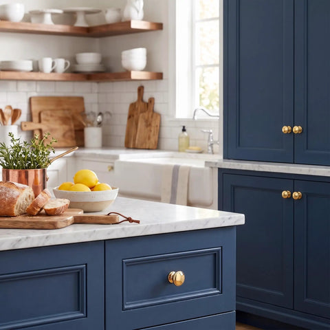 Handmade Solid Brass Cabinet Knobs Round Unlacquered Drawer Pulls Developing Rich Antique Patina Over Time Premium Kitchen Hardware on blue cabinetry.