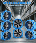 Multiple 16.5 Inch Axial Blower Exhaust Fans stacked in a warehouse, highlighting stackable design and portability for industrial use.