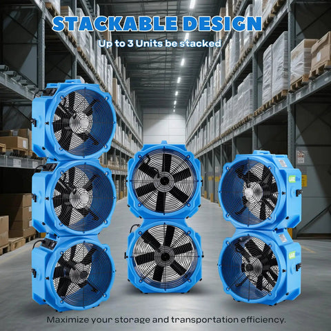 Multiple 16.5 Inch Axial Blower Exhaust Fans stacked in a warehouse, highlighting stackable design and portability for industrial use.