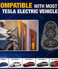 Image showing CCS1 to NACS adapter compatible with most Tesla electric vehicles highlighting fast charging features.