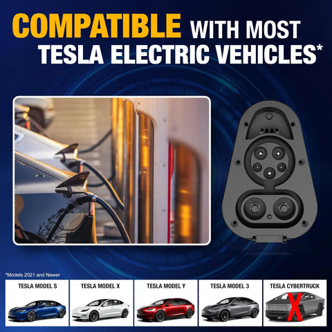 Image showing CCS1 to NACS adapter compatible with most Tesla electric vehicles highlighting fast charging features.