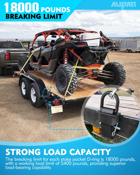 Heavy Duty Stake Pocket D Rings With Anti Loss Cord For Flatbed Trucks And Trailers 18000 Lb Total Capacity 4 Pack Adjustable Four Hole Design securing ATV on trailer