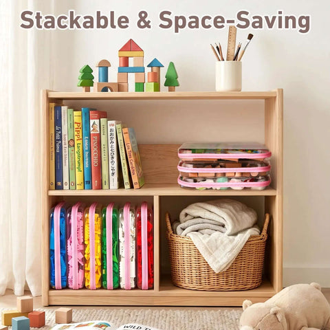 Rock Solid Clear Hard Shell Zippered Storage Cases With Name Tags 3 Pack Top Tier Durable Plastic Tote For Board Games Puzzles Cosmetics And Letter Size Doc High-Key Cool Pink Shade on a wooden shelf.