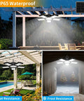 Solid Solar Motion Floodlight Featuring 267 Killer Leds And Tilt Head Glows Day Or Night Like A Charm Tough Wall Lamp For Sheds Garages And Open Porches Remote Control Included Right Now illuminated in rain with solar panel and outdoor setting.