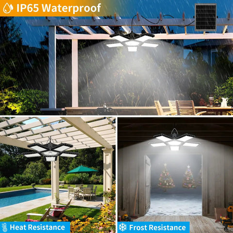 Solid Solar Motion Floodlight Featuring 267 Killer Leds And Tilt Head Glows Day Or Night Like A Charm Tough Wall Lamp For Sheds Garages And Open Porches Remote Control Included Right Now illuminated in rain with solar panel and outdoor setting.
