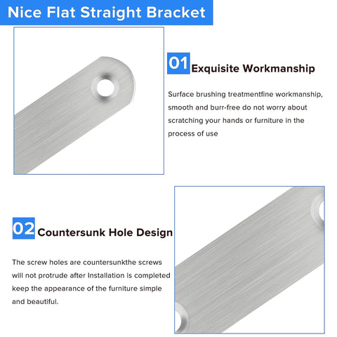 Forty Piece Heavy Duty Stainless Steel L Brackets Rock Solid Furniture Repair Kit With Hardcore Corner Braces Built Tough To Fix Wobbly Tables Or Creaky Beds Includes Eighty Premium Screws, showing flat straight bracket with countersunk holes.