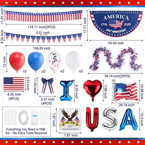 Patriotic Golf Cart Decorations Kit For 4th Of July And 250th Anniversary with USA balloons, pennant flags, fan flag, eagle sticker.