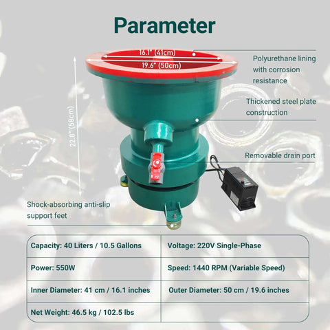 40L Vibratory Finishing Machine With Variable Frequency Drive And 550W Copper Motor Pro Grade Polyurethane Lined Tumbler