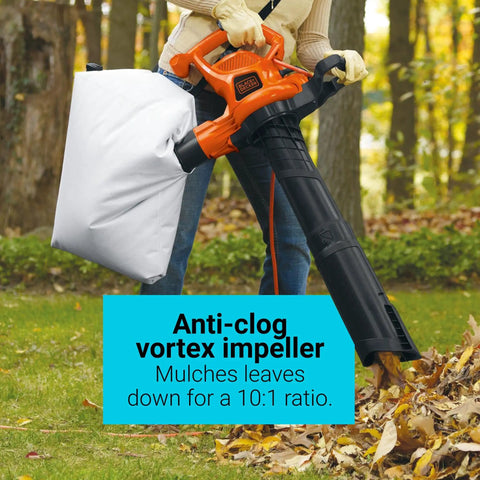 Person using 3 In 1 Corded Leaf Blower Vacuum Mulcher With 230 MPH Airflow And 12 Amp Motor, handheld yard cleanup tool in mulching mode