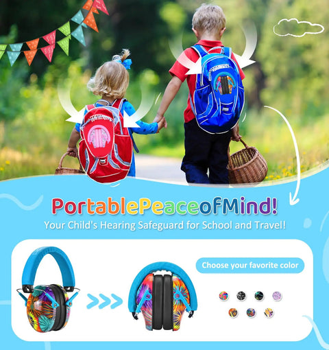 Kids Noise Cancelling Earmuffs With 25dB NRR Adjustable Headband Fireworks Pattern for school and travel use.