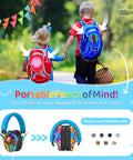 Kids with backpacks, promotional Kids Ear Protection Earmuffs With Adjustable Headband NRR 25dB for events, bright colors shown