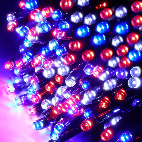 Close-up of red, white, and blue Patriotic 200 LED 66Ft Fairy String Lights With 8 Lighting Modes for decor