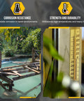 Two images showing a wooden bridge over water and a close-up of a thermometer, illustrating corrosion resistance and strength.