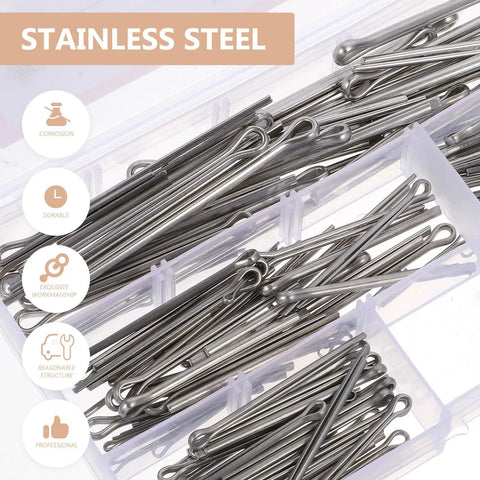 Close-up of 160-Piece Stainless Steel Cotter Pin Assortment Kit With Full Range Of Sizes For Automotive And Small Engine Repairs