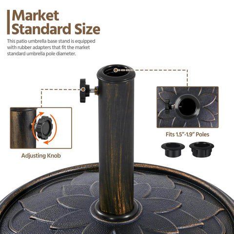 Heavy Duty Bronze 18 Inch Patio Umbrella Base All Weather Resin Stand with adjusting knob and pole adapters shown
