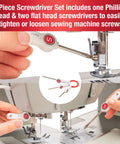 7 Piece Sewing Machine Maintenance Tool Kit With Needle Inserter, Angled Lint Brush, Threader And 3 Screwdrivers shown in use