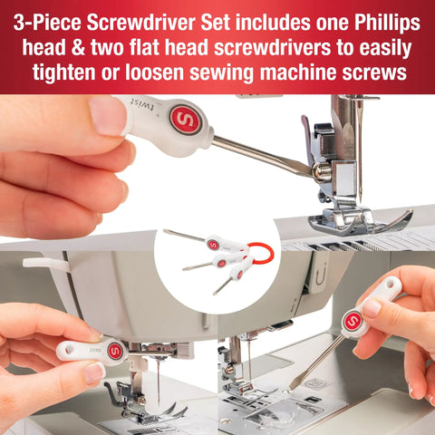 7 Piece Sewing Machine Maintenance Tool Kit With Needle Inserter, Angled Lint Brush, Threader And 3 Screwdrivers shown in use