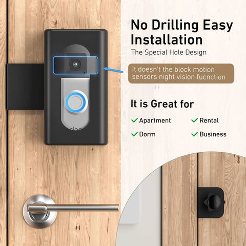 No Drill Anti Theft Video Doorbell Mount for Apartment Rentals Inward Swing Bracket on wooden door, easy install.