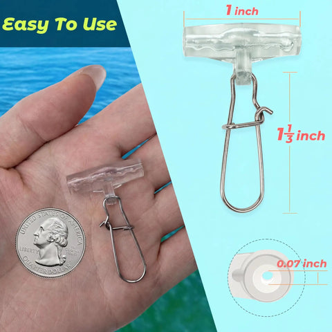 Sinker Slide Clips With Duo Lock Snaps For Lures, Sinker Weights, Floats, Swivels And Catfish Rigs, size comparison with quarter