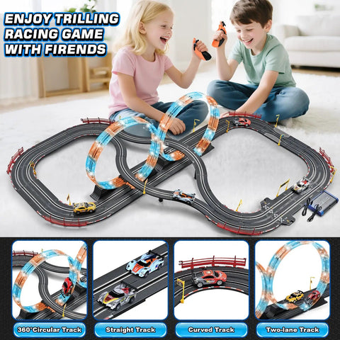 Kids playing Epic Slot Car Race Track Set With Four Cars Battery Or Electric Power Glow Lights Circular Overpass Dual Lap Counter
