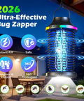 Cordless Outdoor Bug Zapper 4200V 5 In 1 Mosquito Killer With 5000mAh Battery hanging on patio with glowing light.