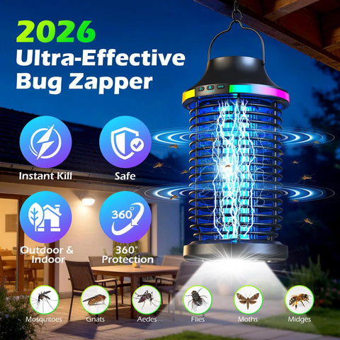 Cordless Outdoor Bug Zapper 4200V 5 In 1 Mosquito Killer With 5000mAh Battery hanging on patio with glowing light.
