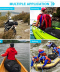 Extra Large Waterproof Duffel Bag 80L with Roll Top Closure used in various outdoor activities, including motorcycling and rafting.